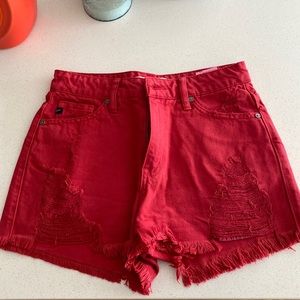Red denim shorts